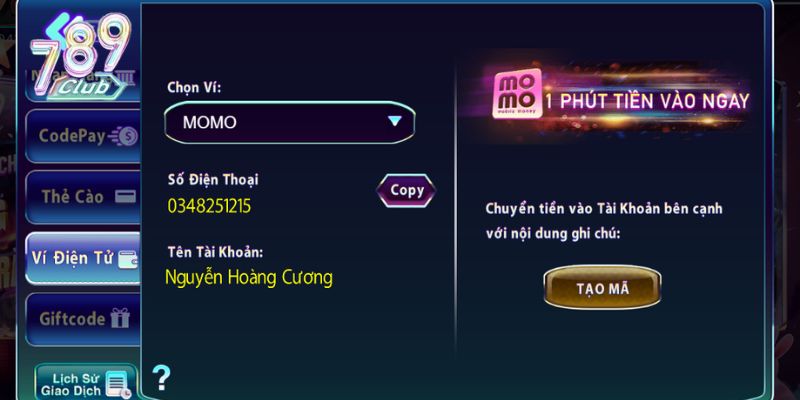 Người chơi nạp tiền bằng ví điện tử tại 789Club